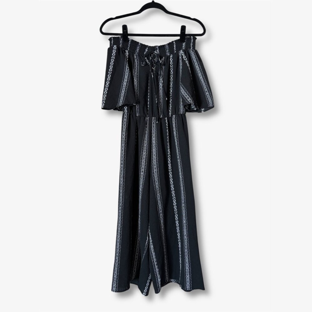 Bailey Blue Boho Off the Shoulder Wide Leg Jumpsuit Black White Womens Small 70s